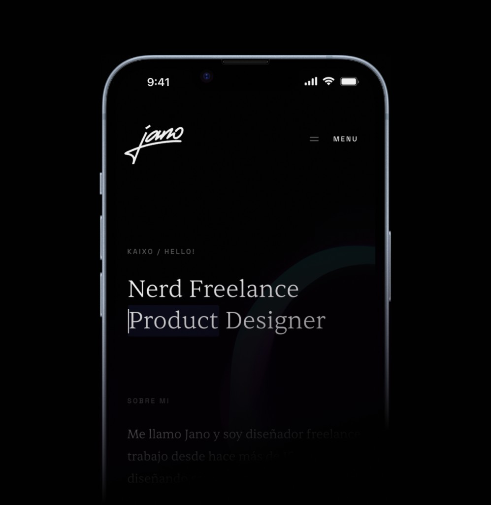 Captura de la home en un iPhone: Kaixo / Hello! y el titular Nerd Freelance Product Designer